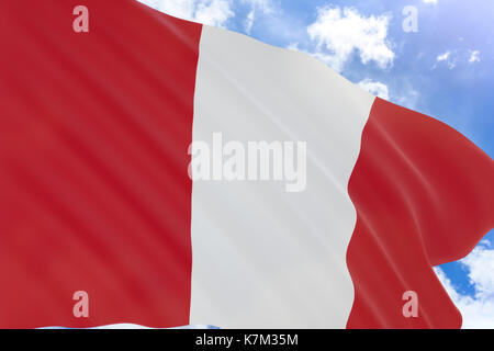 Le rendu 3D de brandir le drapeau du Pérou sur fond de ciel bleu, le Pérou est un pays d'Amérique du sud qui compte une section de forêt amazonienne et machu pi Banque D'Images