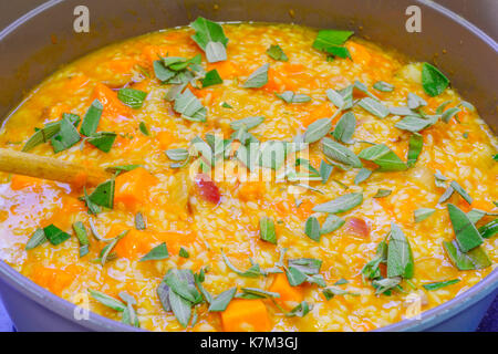 Le risotto, un plat de riz italien, faite à la citrouille et à la sauge Banque D'Images