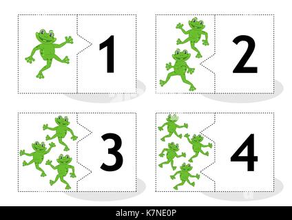 En savoir compter 2-partie puzzle cards pour découper et jouer, sur le thème des grenouilles, les numéros 1 - 4 Illustration de Vecteur