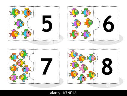 En savoir compter 2-partie puzzle cards pour découper et jouer, du poisson, des numéros 5 - 8 Illustration de Vecteur