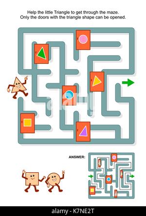 Pour l'éducation énigme mathématique : aide le petit triangle pour passer à travers le labyrinthe. seulement les portes avec forme de triangle peut être ouvert. réponse inclus. Illustration de Vecteur