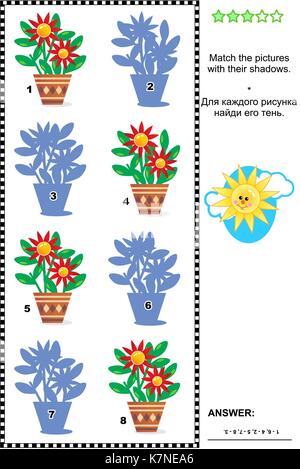 Puzzle visuel : faire correspondre les photos de fleurs en pots pour leurs ombres. réponse inclus. Illustration de Vecteur