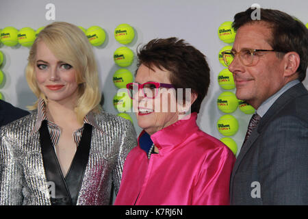 Emma stone, Billie Jean King, Steve Carell 09/16/2017 Le los angeles premiere de "bataille des sexes" tenue au Regency village theatre de los angeles, ca photo : Cronos/hollywood news Banque D'Images