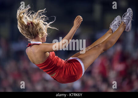 Houston, TX, USA. 16 Sep, 2017. Les cougars de Houston un cheerleader effectue une cascade aérienne au cours du 2e trimestre de la NCAA football match entre le riz des hiboux et l'Université de Houston Cougars à TDECU Stadium à Houston, TX. Houston a gagné le match 38-3.Trask Smith/CSM/Alamy Live News Banque D'Images