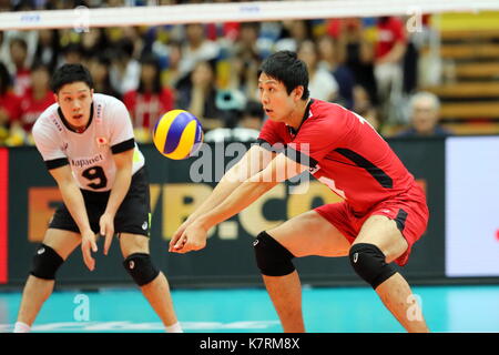 (L-r) satoshi onodera taishi , ide (JPN), le 16 septembre 2017 - volleyball : fivb world grand Champions Cup 2017 Men's match entre le Japon 1-3 l'Iran au gymnase du centre municipal d'Osaka à Osaka, Japon. (Photo par naoki nishimura/aflo sport) Banque D'Images