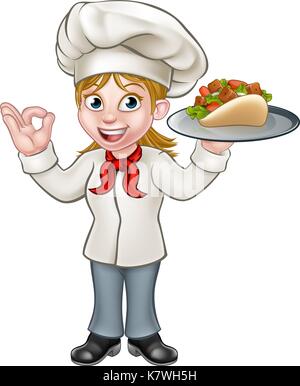 Cartoon female chef avec kebab Illustration de Vecteur