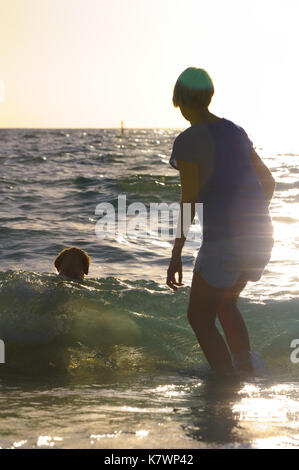 Chien et femme dans les vagues au bord de la mer Banque D'Images