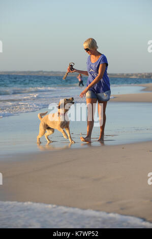 Jeune femme joue avec son Golden Retriever sur la plage Banque D'Images
