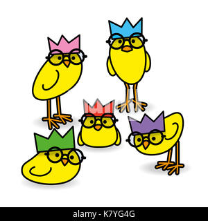 Cinq poussins jaune regarder mignon wearing party hats et cadre rond noir lunettes sur fond blanc Banque D'Images