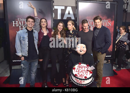 Israël broussard, ruby modine, rachel Matthews, Jessica rothe, Christopher b. landon und jason blum à l'ouverture de la 'Halloween Horror Nights' dans dans les studios Universal. Universal City, l'utilisation dans le monde entier 15.09.2017 | Banque D'Images