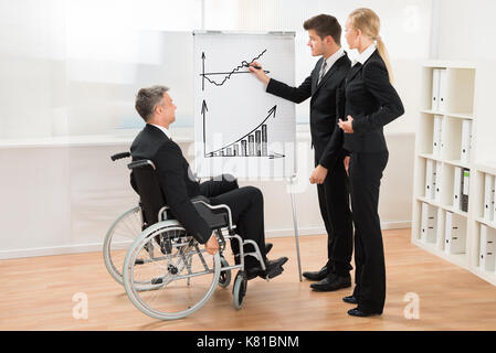 Businesspeople écoute attentivement young businessman expliquant le graphique sur tableau blanc Banque D'Images