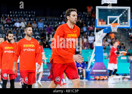 7 septembre 2017 : de gauche à droite : Ricky Rubio # 9 (esp) Juan Carlos Navarro # 7 (esp) et Pau Gasol # 4 (esp) au cours de l'eurobasket fiba 2017 - Groupe c, match entre la Hongrie et l'Espagne au hall polyvalent, CLUJ-NAPOCA, Roumanie rou. foto : Cronos Banque D'Images