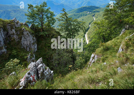 Paysage avec des montagnes de calcaire couvert de forêts de feuillus Banque D'Images