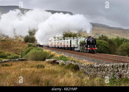 La Tornade transporte la locomotive 'cadre' Raider spécial vapeur vers le sud sur la ligne de chemin de fer Settle- Carlisle. Vu à l'occasion du sommet de la ligne, Ais Gill. Banque D'Images