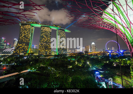 Jardins à Supertrees par la baie, illuminé de nuit, à Singapour, en Asie du sud-est Banque D'Images