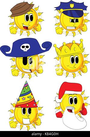 Cartoon soleil avec main pointée à l'afficheur. collection de costumes avec des expressions. vector set. Illustration de Vecteur
