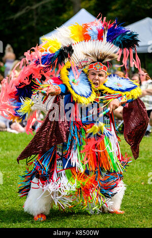 Canadien autochtone, jeune garçon des Premières nations danseuse de fantaisie qui interprète la danse de l'herbe avec des régalia colorées pendant a Pow Wow, London, Ontario, Canada Banque D'Images