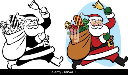 Père Noël sonne une cloche qu'il porte un sac de cadeaux de Noël Illustration de Vecteur