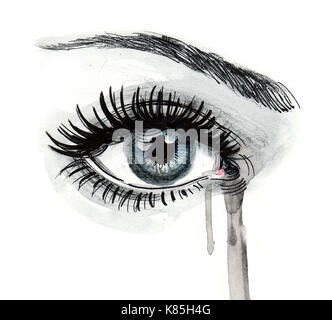 Beaux yeux pleurer. Encre et aquarelle dessin Banque D'Images