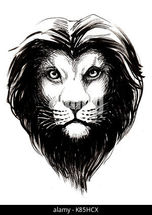 Tête de Lion. Dessin noir et blanc Encre Banque D'Images