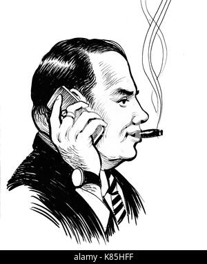 Patron au téléphone. Illustration noir et blanc Encre Banque D'Images