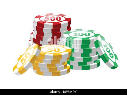 Rouge, vert, jaune des jetons de poker - vector clip art moderne isolé sur fond blanc. trois piles. casino, jeu, chance, fortune concept Illustration de Vecteur