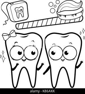 Dents de dessin animé avec brosse à dents et fil dentaire. Jeu de caractères d'hygiène dentaire. Page de coloriage noir et blanc vectoriel. Illustration de Vecteur