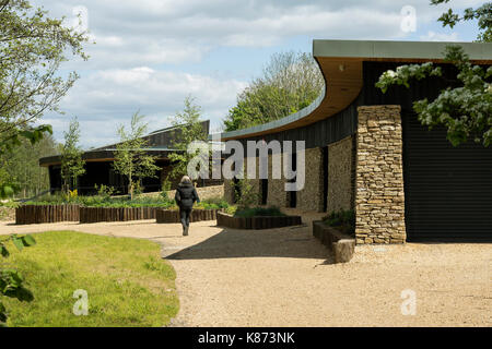 Vue de la ligne de toit incurvé de pavillon avec pavillon principal en arrière-plan. Lakeside Center, Eastleigh, Royaume-Uni. Architecte : Architecture Partenariat R H Banque D'Images