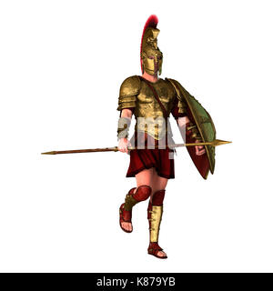 Le rendu 3D d'un Spartan guerrier en armure tenant une lance et un bouclier isolé sur fond blanc Banque D'Images