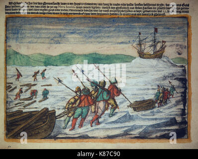 William Barents et son équipage piégés dans l'Arctique au cours de leur troisième expédition de 1596. Dirigée par le navigateur et explorateur hollandais Barents William Banque D'Images