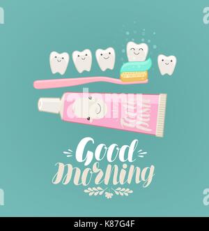 Bon matin bannière. se brosser les dents, l'hygiène, dentifrice, brosse à dents concept. cartoon vector illustration Illustration de Vecteur