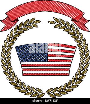 Drapeau des États-Unis à l'intérieur de la couronne de branches d'oliviers avec le ruban sur le dessus en silhouette crayon de couleur Illustration de Vecteur