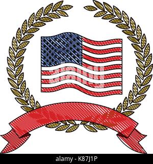 De brandir le drapeau des États-Unis à l'intérieur de la couronne de branches d'oliviers avec ruban sur fond de couleur en silhouette crayon Illustration de Vecteur