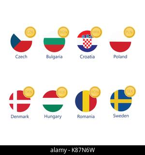 Monde d'illustration vectorielle symboles monétaires icon set. argent signer des icônes avec drapeaux nationaux. Illustration de Vecteur