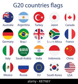 Vector illustration de pays du G-20 drapeaux. le groupe des vingt, le leader mondial des 20 économies. banner pour le sommet financier du G20, ann inte économique Illustration de Vecteur