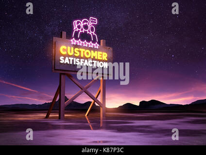 Satisfaction client panneau néon allumé la nuit. illustration technique mixte Banque D'Images