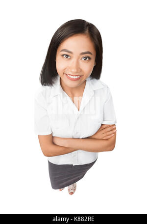 Top View portrait of smiling Asian Woman. En pleine longueur modèle isolé sur fond blanc. Belle fille avec ouvrir sourire brillant, face close-up. Bus Banque D'Images