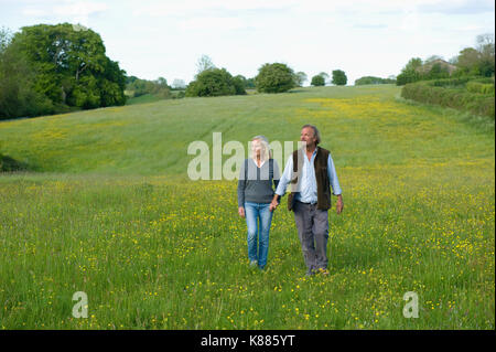 L'homme et la femme marche main dans la main dans une prairie. Banque D'Images