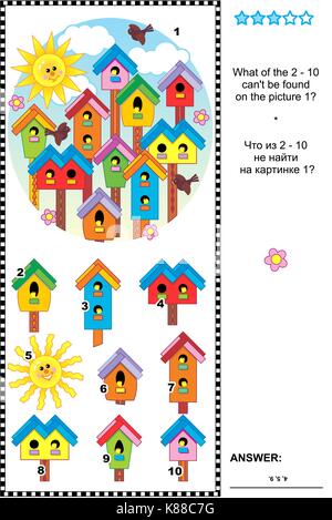 Birdhouses printemps puzzle de logique visuelle : ce que des 2 - 10 ne peut pas être trouvé sur la photo 1 ? Réponse inclus. Illustration de Vecteur