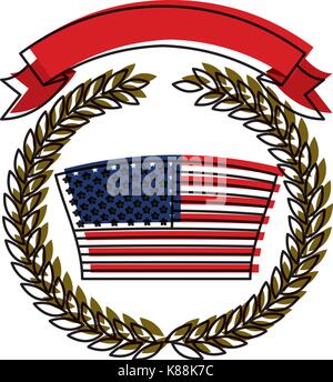 Drapeau des États-Unis à l'intérieur de la couronne de branches d'oliviers avec le ruban sur le dessus de l'aquarelle d'ossature Illustration de Vecteur