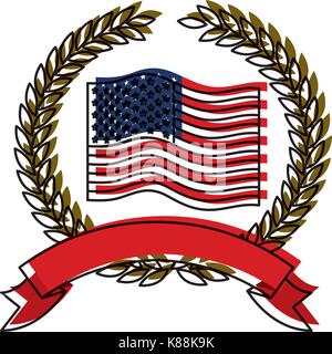 De brandir le drapeau des États-Unis à l'intérieur de la couronne de branches d'oliviers avec le ruban sur le bas à l'aquarelle d'ossature Illustration de Vecteur