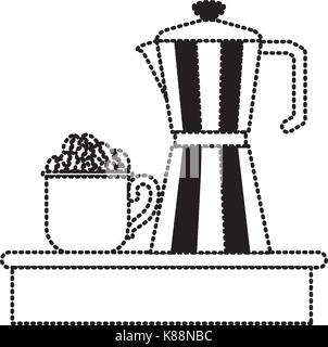 Mug porcelaine pile avec des grains de café et de café pot métallique avec poignée en silhouette sur fond blanc monochrome Illustration de Vecteur