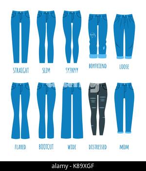 Styles de jeans femme denim. collection mode femme pantalon. trendy modèles de pantalons de coton pour fille moderne. Télévision vector icons. guide vêtements infogra Illustration de Vecteur