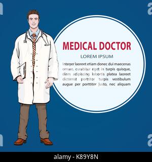 Bannière médical, vecteur de fond avec médecin homme debout avant, portrait caricature médecin hommes pleine longueur, peint dans un humain medical dressin Illustration de Vecteur