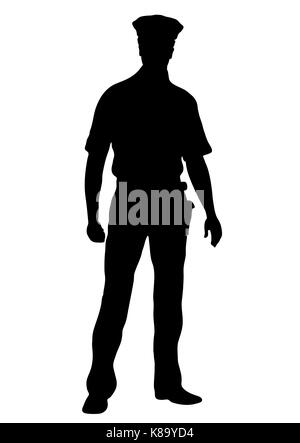 Agent de police vector silhouette, contours homme debout face avant pleine longueur, portrait contour cdp mâle dans un uniforme de la police avec les bras, isolé sur blanc Illustration de Vecteur