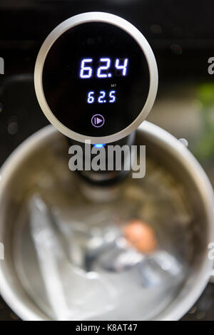 Bain d'eau à circulation Sous Vide cooking un seul œuf à 62,5C pour un oeuf dur. Banque D'Images