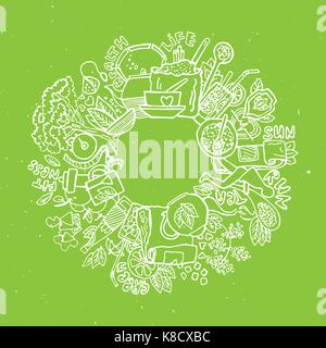Cercle de thé vert Thé vert doodles. a esquissé les éléments sains, produits naturels et les objets liés au thé vert, scénario part attirer l'illustration. Illustration de Vecteur