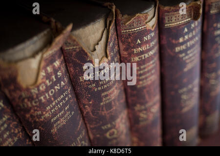 Des copies de livres anciens du New English Dictionary on Historical Principles édité par Sir James Murray, étagères ligne dans la Bibliothèque Harold B. Lee de la British Academy, le 17 septembre 2017, à 10 à 12 Carlton House Terrace, à Londres, en Angleterre. Sir James Augustus Henry Murray (1837-1915) était un philologue et lexicographe écossais. Il a été le principal rédacteur de l'Oxford English Dictionary (OED) à partir de 1879 jusqu'à sa mort. Banque D'Images