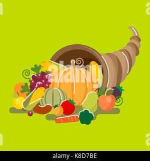 Corne corne d'abondance un symbole d'abondance et l'alimentation. grand récipient en forme de corne débordant de légumes, de fruits, de maïs et de baies. Illustration de Vecteur