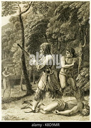 'Robinson Crusoé, voit d'abord et sauve son homme vendredi' de "La vie et l'étrange aventures surprenantes de Robinson Crusoé, ou York, Mariner" de Daniel Defoe (1660-1731). Illustration par Thomas Stothard (1755-1834) Gravure de Thomas Medland (1765-1833). Voir plus d'informations ci-dessous. Banque D'Images